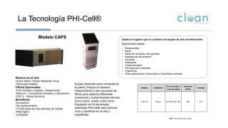 La Tecnología PHI-Cell®
Usado en lugares que no cuentan con equipo de aire acondicionado.
Aplicaciones ideales:
• Restaurantes
• Bares
• Salas de reuniones más grandes
• Residencias de ancianos
• Escuelas
• Vestuarios
• Clubes de salud
• Perreras para mascotas
• Frigoríficos
• Otras aplicaciones comerciales e industriales similares
Modelo CAPS
CFM : Piés cúbicos por minuto
Modelo Instalación
No. De Celdas /
Long. de celdas
Cobertura
(CFM)
Tonelaje Precio de Lista (USD)
CAPS-16 Plug In (1) PHIC (5A o 9A) 500 1.25 3,522
Reduce en el aire
•Humo •Moho •Olores •Bacterias •Virus
•Partículas Volátiles
Filtros Opcionales
•FOG (Grasas y Aceites) - Restaurantes
•Mercurio - Consultorios Dentales y Laboratorios
•VOC´s - Olores Químicos
Beneficios
•Económico
•Sin mantenimiento
•10.000 horas de vida estimado de Celdas
•Peso ligero
•Compacto
Equipo diseñado para montarse en
la pared. Incluye un abanico
independiente y seis opciones de
filtros para capturar diferentes
sustancias y contaminantes del aire,
como humo, aceite, entre otros.
Equipado con la tecnología
patentada PHI-Cel® para eliminar
virus y bacterias en el aire y
superficies.
 