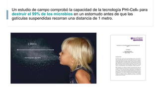 Un estudio de campo comprobó la capacidad de la tecnología PHI-Cell® para
destruir el 99% de los microbios en un estornudo antes de que las
gotículas suspendidas recorran una distancia de 1 metro.
Eliminación del 99%
1 Metro
 