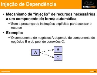 Injeção de Dependência
  • Mecanismo de “injeção” de recursos necessários
    a um componente de forma automática
        ...