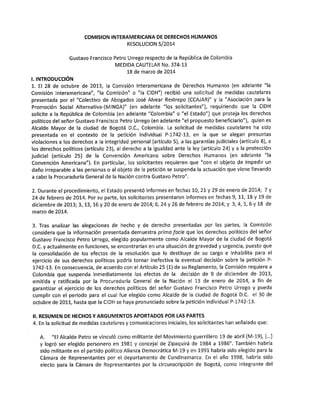 Medidas cautelares otorgadas por la CIDH al alcalde Gustavo Petro 