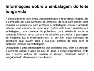 Informações sobre a embalagem do leite
longa vida
A embalagem do leite longa vida (caixinha) é a Tetra Brik® Aseptic. Ela
é composta por seis camadas de proteção, de fora para dentro: uma
camada de polietileno para proteger a embalagem contra a umidade
externa; uma camada de papel que confere estrutura e resistência à
embalagem; uma camada de polietileno para aderência entre as
camadas internas; uma camada de alumínio para evitar a passagem
de oxigênio, luz e microrganismos; e, por fim, duas camadas de
polietileno que evitam todo e qualquer contato do leite com os
materiais internos da embalagem.
O resultado é uma embalagem de alta qualidade que, além de proteger
o alimento contra a ação da luz, ar, água e micro-organismos, evita
que o aroma natural do produto se dissipe, mantendo assim a
integridade do alimento por mais tempo.
 