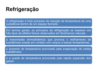 Refrigeração
A refrigeração é todo processo de redução de temperatura de uma
substância dentro de um espaço fechado.
Em termos gerais, os princípios da refrigeração se baseiam em
três tipos de efeitos físicos observados em fenômenos naturais:
a transmissão termodinâmica que provoca o resfriamento de
substâncias postas em contato com corpos a baixas temperaturas;
o aumento de temperatura provocado pela evaporação de certas
substâncias;
e a queda de temperatura provocada pela rápida expansão dos
gases.
 