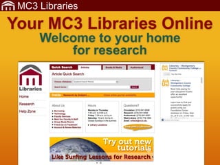 MC3 Libraries

Your MC3 Libraries Online
      Welcome to your home
          for research
 