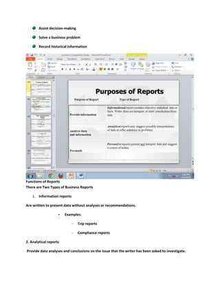 Assist decision-making

        Solve a business problem

        Record historical information




Functions of Reports
There are Two Types of Business Reports

    1. Information reports

Are written to present data without analyses or recommendations.

                    •   Examples:

                           –     Trip reports

                           –     Compliance reports

2. Analytical reports

Provide data analyses and conclusions on the issue that the writer has been asked to investigate.
 