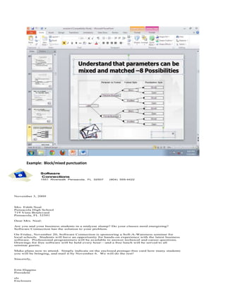 Example: Block/mixed punctuation

               Software
               Connections
               1551 Riverwalk   Pensacola, FL 32507    (904) 555-4422




November 3, 2009



Mrs. Edith Neal
Pensacola High School
719 Vista Boulevard
Pensacola, FL 32501

Dear Mrs. Neal:

Are you and your business students in a midyear slump? Do your classes need energizing?
Software Connection has the solution to your problem.

On Friday, November 20, Software Connection is sponsoring a Soft-A-Wareness seminar for
local schools. Students will have an opportunity for hands-on experience with the latest business
software. Professional programmers will be available to answer technical and career questions.
Drawings for free software will be held every hour—and a free lunch will be served to all
seminar guests.

Make plans now to attend. Simply indicate on the enclosed postage-free card how many students
you will be bringing, and mail it by November 6. We will do the rest!

Sincerely,



Erin Higgins
President

sls
Enclosure
 