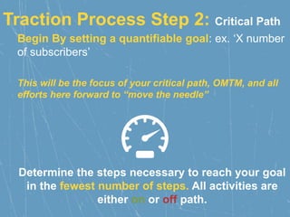 Traction Process Step 2: Critical Path
Begin By setting a quantifiable goal: ex. ‘X number
of subscribers’
This will be the focus of your critical path, OMTM, and all
efforts here forward to “move the needle”
Determine the steps necessary to reach your goal
in the fewest number of steps. All activities are
either on or off path.
 