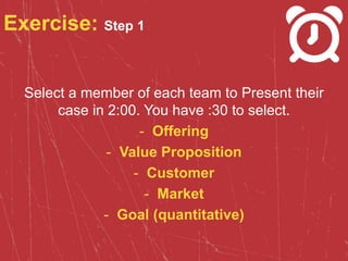 Exercise: Step 1
Select a member of each team to Present their
case in 2:00. You have :30 to select.
- Offering
- Value Proposition
- Customer
- Market
- Goal (quantitative)
 