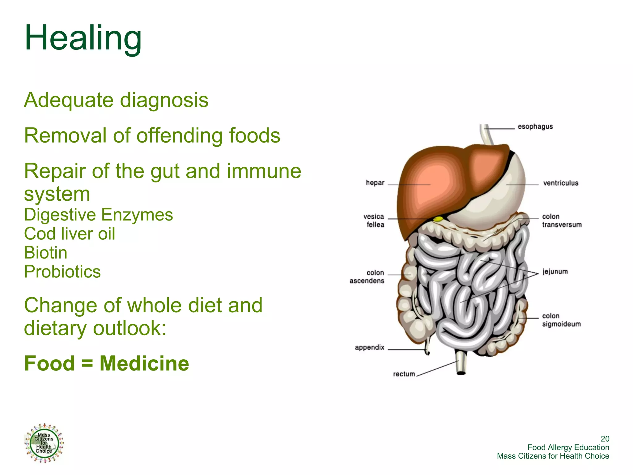 Healing
Adequate diagnosis
Removal of offending foods
Repair of the gut and immune
system
Digestive Enzymes
Cod liver oil
Biotin
Probiotics
Change of whole diet and
dietary outlook:
Food = Medicine


                                                            20
                                       Food Allergy Education
                               Mass Citizens for Health Choice
 