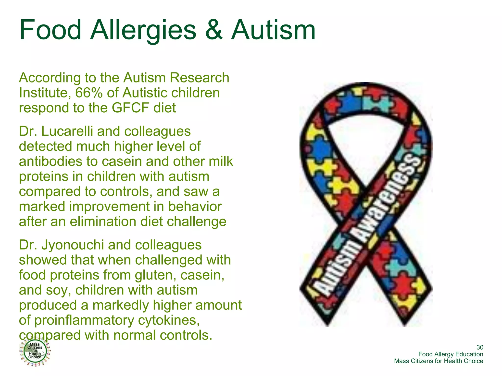 Food Allergies & Autism
According to the Autism Research
Institute, 66% of Autistic children
respond to the GFCF diet
Dr. Lucarelli and colleagues
detected much higher level of
antibodies to casein and other milk
proteins in children with autism
compared to controls, and saw a
marked improvement in behavior
after an elimination diet challenge
Dr. Jyonouchi and colleagues
showed that when challenged with
food proteins from gluten, casein,
and soy, children with autism
produced a markedly higher amount
of proinflammatory cytokines,
compared with normal controls.
                                                                   30
                                              Food Allergy Education
                                      Mass Citizens for Health Choice
 