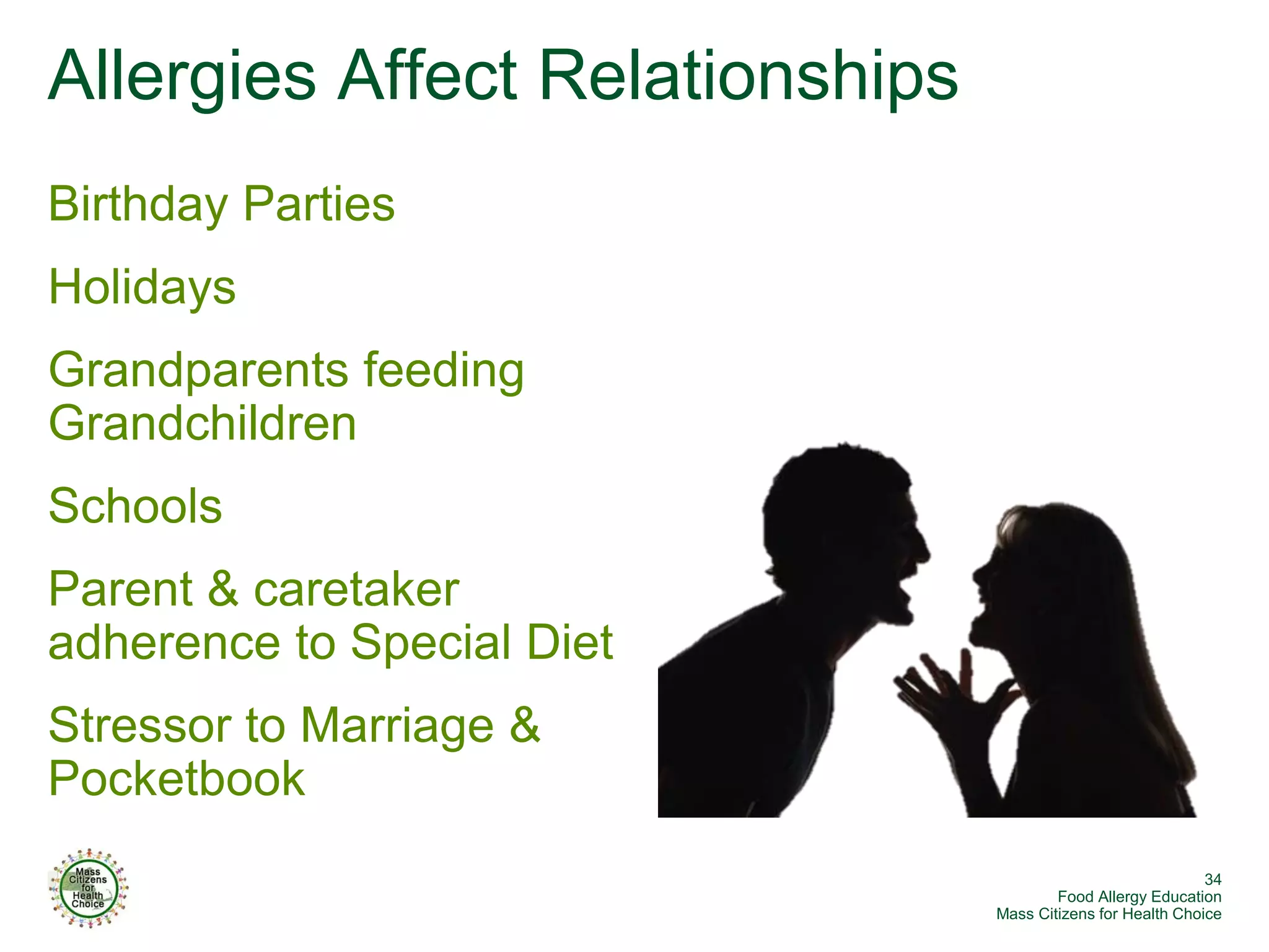 Allergies Affect Relationships
Birthday Parties
Holidays
Grandparents feeding
Grandchildren
Schools
Parent & caretaker
adherence to Special Diet
Stressor to Marriage &
Pocketbook
                                                              34
                                         Food Allergy Education
                                 Mass Citizens for Health Choice
 