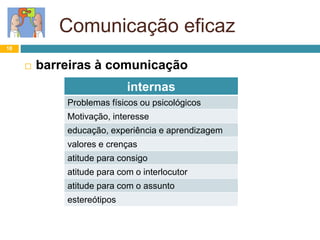 Comunicação eficaz
18
 barreiras à comunicação
internas
Problemas físicos ou psicológicos
Motivação, interesse
educação, experiência e aprendizagem
valores e crenças
atitude para consigo
atitude para com o interlocutor
atitude para com o assunto
estereótipos
 