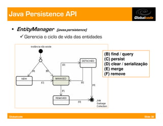Java Persistence API
  • EntityManager           (javax.persistence)
             Gerencia o ciclo de vida das entidades


                                                      (B) find / query
                                                      (C) persist
                                                      (D) clear / serialização
                                                      (E) merge
                                                      (F) remove




Globalcode                                                                  Slide 38
 
