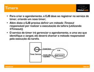 Timers
  • Para criar o agendamento, o EJB deve se registrar no serviço de
    timer, criando um novo timer;
  • Além disto o EJB precisa definir um método Timeout
    responsável por realizar a executação da tafera (utilizando
    @Timeout);
  • O serviço de timer irá gerenciar o agendamento, e uma vez que
    identifique o target, ele deverá chamar o método responsável
    pela execução da tarefa.




Globalcode                                                    Slide 68
 