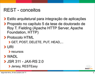 REST - conceitos
        Estilo arquitetural para integração de aplicações
        Proposto no capítulo 5 da tese de doutorado de
        Roy T. Fielding (Apache HTTP Server, Apache
        Foundation, HTTP)
        Protocolo HTML
             GET, POST, DELETE, PUT, HEAD,...
        URI
             recursos
        WADL
        JSR 311 - JAX-RS 2.0
             Jersey, RESTEasy
                                                Globalcode – Open4education
segunda-feira, 24 de outubro de 11                                       5
 