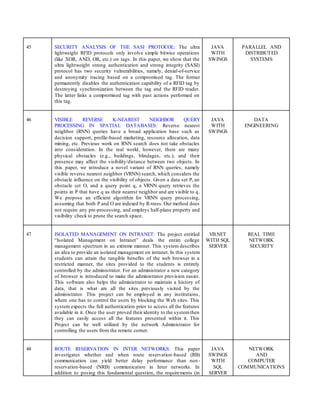 45 SECURITY ANALYSIS OF THE SASI PROTOCOL: The ultra
lightweight RFID protocols only involve simple bitwise operations
(like XOR, AND, OR, etc.) on tags. In this paper, we show that the
ultra lightweight strong authentication and strong integrity (SASI)
protocol has two security vulnerabilities, namely, denial-of-service
and anonymity tracing based on a compromised tag. The former
permanently disables the authentication capability of a RFID tag by
destroying synchronization between the tag and the RFID reader.
The latter links a compromised tag with past actions performed on
this tag.
JAVA
WITH
SWINGS
PARALLEL AND
DISTRIBUTED
SYSTEMS
46 VISIBLE REVERSE K-NEAREST NEIGHBOR QUERY
PROCESSING IN SPATIAL DATABASES: Reverse nearest
neighbor (RNN) queries have a broad application base such as
decision support, profile-based marketing, resource allocation, data
mining, etc. Previous work on RNN search does not take obstacles
into consideration. In the real world, however, there are many
physical obstacles (e.g., buildings, blindages, etc.), and their
presence may affect the visibility/distance between two objects. In
this paper, we introduce a novel variant of RNN queries, namely
visible reverse nearest neighbor (VRNN) search, which considers the
obstacle influence on the visibility of objects. Given a data set P, an
obstacle set O, and a query point q, a VRNN query retrieves the
points in P that have q as their nearest neighbor and are visible to q.
We propose an efficient algorithm for VRNN query processing,
assuming that both P and O are indexed by R-trees. Our method does
not require any pre-processing, and employs half-plane property and
visibility check to prune the search space.
JAVA
WITH
SWINGS
DATA
ENGINEERING
47 ISOLATED MANAGEMENT ON INTRANET: The project entitled
“Isolated Management on Intranet” deals the entire college
management spectrum in an extreme manner. This system describes
an idea to provide an isolated management on intranet. In this system
students can attain the tangible benefits of the web browser in a
restricted manner, the sites provided to the students is entirely
controlled by the administrator. For an administrator a new category
of browser is introduced to make the administrator provision easier.
This software also helps the administrator to maintain a history of
data, that is what are all the sites previously visited by the
administrator. This project can be employed in any institutions,
where one has to control the users by blocking the Web sites. This
system expects the full authentication prior to access all the features
available in it. Once the user proved their identity to the systemthen
they can easily access all the features presented within it. This
Project can be well utilized by the network Administrator for
controlling the users from the remote corner.
VB.NET
WITH SQL
SERVER
REAL TIME
NETWORK
SECURITY
48 ROUTE RESERVATION IN INTER NETWORKS: This paper
investigates whether and when route reservation-based (RB)
communication can yield better delay performance than non-
reservation-based (NRB) communication in Inter networks. In
addition to posing this fundamental question, the requirements (in
JAVA
SWINGS
WITH
SQL
SERVER
NETWORK
AND
COMPUTER
COMMUNICATIONS
 