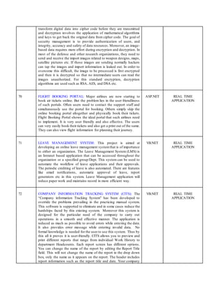 transform digital data into cipher code before they are transmitted
and decryption involves the application of mathematical algorithms
and keys to get back the original data from cipher code. The goal of
security management is to provide authentication of users, and
integrity, accuracy and safety of data resources. Moreover, an image-
based data requires more effort during encryption and decryption. In
most of the defense and other research organizations, they need to
send and receive the import images related to weapon designs, maps,
satellite pictures etc. If those images are sending normally hackers
can tap the images and import information is leaked out. In order to
overcome this difficult, the image to be processed is first encrypted
and then it is decrypted so that no intermediate users can read the
images unauthorized. For this standard encryption, decryption
algorithms are used such as RSA, AES, and DSA etc.
70 FLIGHT BOOKING PORTAL: Major airlines are now starting to
book air tickets online. But the problem lies in the user friendliness
of such portals. Often users need to contact the support staff and
simultaneously use the portal for booking. Others simply skip the
online booking portal altogether and physically book their tickets.
Flight Booking Portal shows the ideal portal that such airlines need
to implement. It is very user friendly and also effective. The users
can very easily book their tickets and also get a print out of the same.
They can also view flight information for planning their journey.
ASP.NET REAL TIME
APPLICATION
71 LEAVE MANAGEMENT SYSTEM: This project is aimed at
developing an online leave management systemthat is of importance
to either an organization. The Leave Management System (LMS) is
an Intranet based application that can be accessed throughout the
organization or a specified group/Dept. This system can be used to
automate the workflow of leave applications and their approvals.
The periodic crediting of leave is also automated. There are features
like email notifications, automatic approval of leave, report
generators etc in this system. Leave Management application will
reduce paper work and maintains record in more efficient way.
VB.NET REAL TIME
APPLICATION
72 COMPANY INFORMATION TRACKING SYSTEM (CITS): The
“Company information Tracking System” has been developed to
override the problems prevailing in the practicing manual system.
This software is supported to eliminate and in some cases reduce the
hardships faced by this existing system. Moreover this system is
designed for the particular need of the company to carry out
operations in a smooth and effective manner. The application is
reduced as much as possible to avoid errors while entering the data.
It also provides error message while entering invalid data. No
formal knowledge is needed for the user to use this system. Thus by
this all it proves it is user-friendly. CITS allows you to preview and
print different reports that range from individual Work History to
department Headcounts. Each report screen has different options.
You can change the name of the report by editing the Report Title
field. This will not change the name of the report in the drop down
box, only the name as it appears on the report. The header includes
report information such as the report title and date. Your company
VB.NET REAL TIME
APPLICATION
 