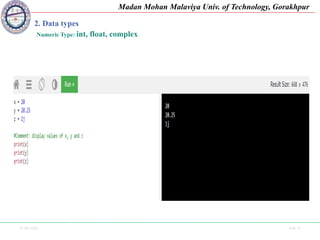 25-09-2020 Side 11
Madan Mohan Malaviya Univ. of Technology, Gorakhpur
2. Data types
Numeric Type: int, float, complex
 
