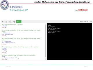 25-09-2020 Side 14
Madan Mohan Malaviya Univ. of Technology, Gorakhpur
2. Data types
Text Type (Strings): str …continued
 
