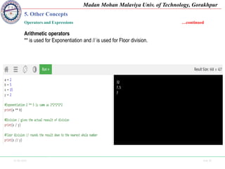 25-09-2020 Side 30
Madan Mohan Malaviya Univ. of Technology, Gorakhpur
5. Other Concepts
Operators and Expressions …continued
Arithmetic operators
** is used for Exponentiation and // is used for Floor division.
 