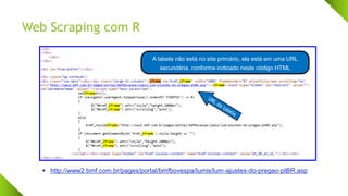 Web Scraping com R
A tabela não está no site primário, ela está em uma URL
secundária, conforme indicado neste código HTML
▪ http://www2.bmf.com.br/pages/portal/bmfbovespa/lumis/lum-ajustes-do-pregao-ptBR.asp
 