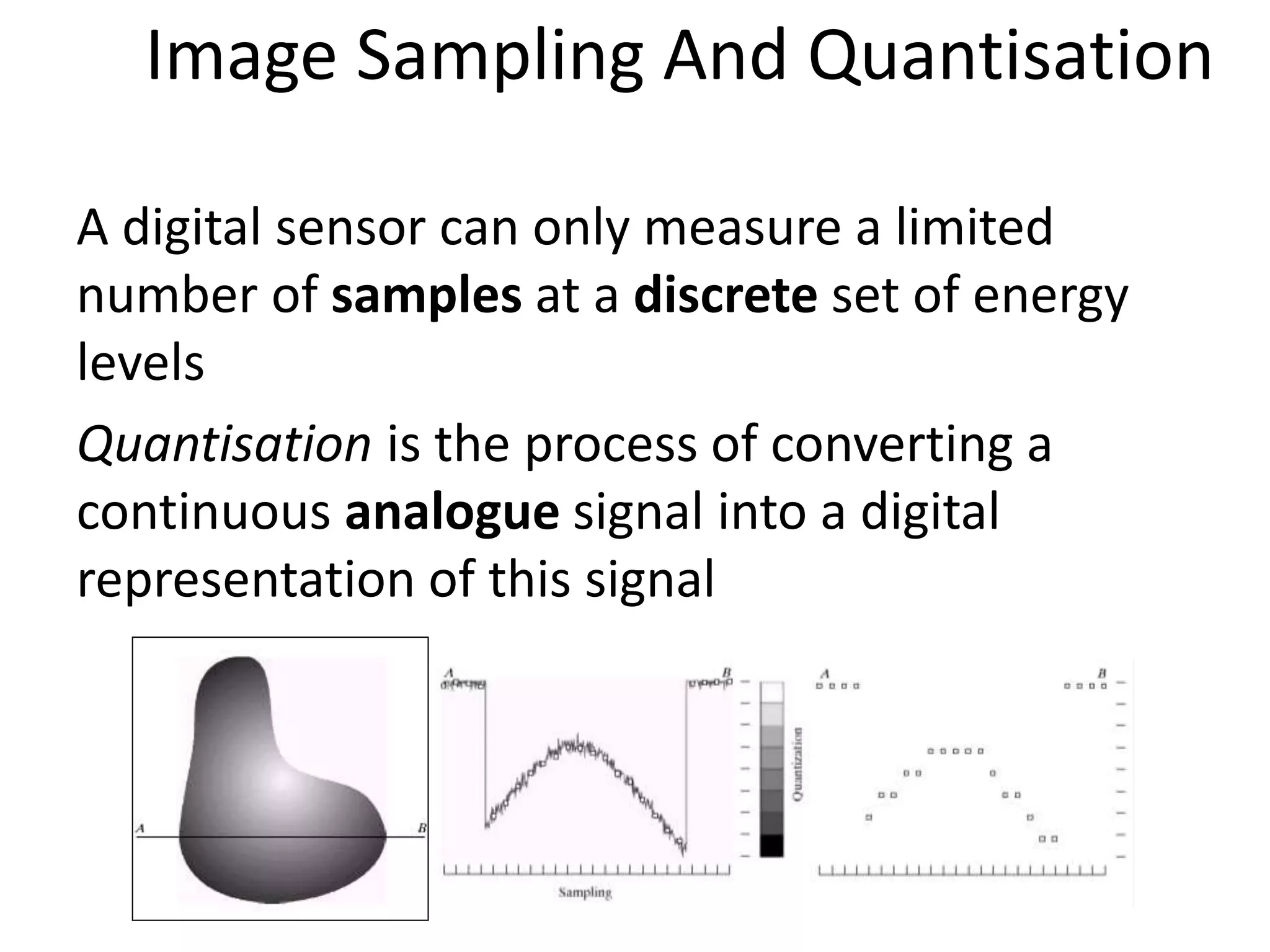 Image Sampling And Quantisation
A digital sensor can only measure a limited
number of samples at a discrete set of energy
levels
Quantisation is the process of converting a
continuous analogue signal into a digital
representation of this signal
 