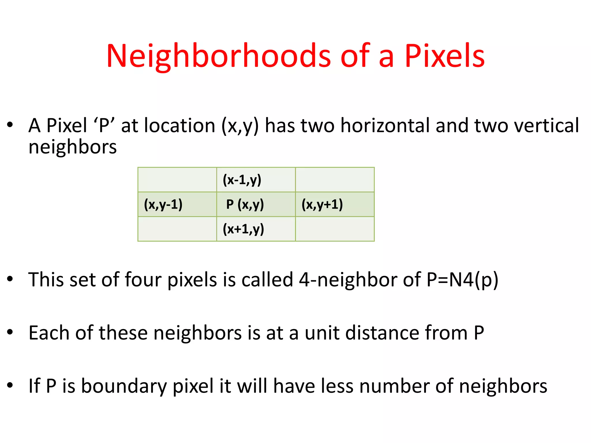 Neighborhoods of a Pixels
• A Pixel ‘P’ at location (x,y) has two horizontal and two vertical
neighbors
• This set of four pixels is called 4-neighbor of P=N4(p)
• Each of these neighbors is at a unit distance from P
• If P is boundary pixel it will have less number of neighbors
(x-1,y)
(x,y-1) P (x,y) (x,y+1)
(x+1,y)
 