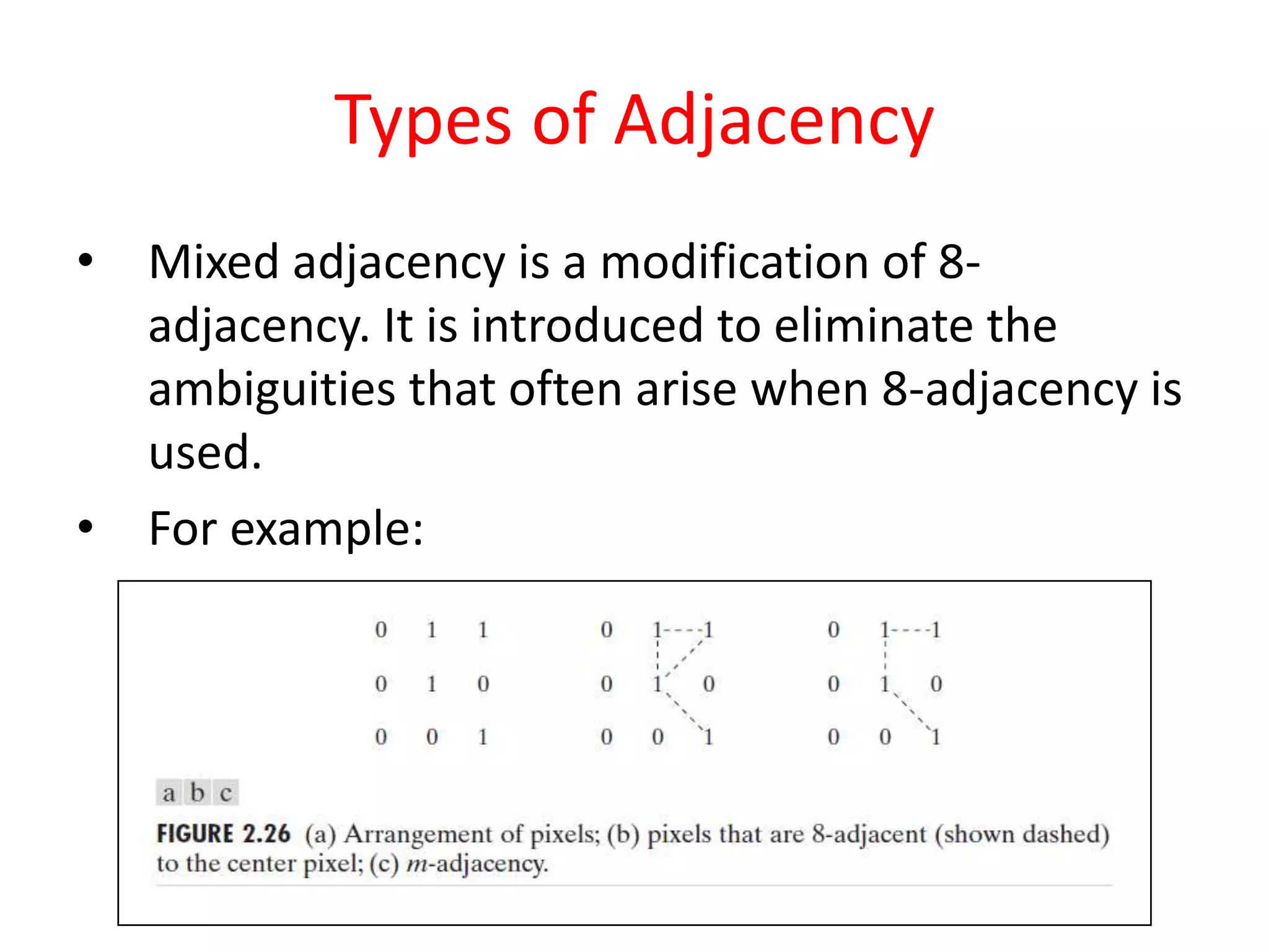Types of Adjacency
• Mixed adjacency is a modification of 8-
adjacency. It is introduced to eliminate the
ambiguities that often arise when 8-adjacency is
used.
• For example:
 