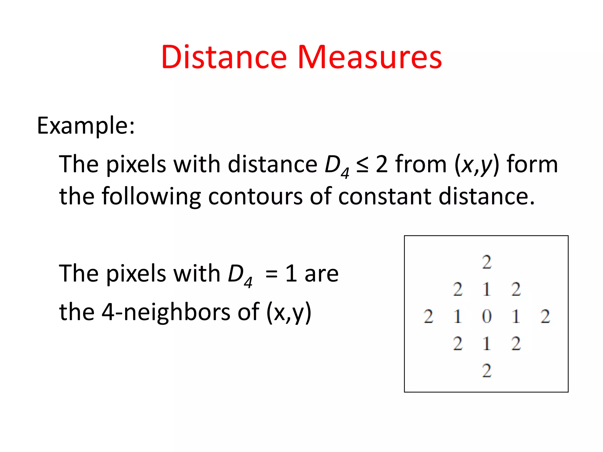 Distance Measures
Example:
The pixels with distance D4 ≤ 2 from (x,y) form
the following contours of constant distance.
The pixels with D4 = 1 are
the 4-neighbors of (x,y)
 