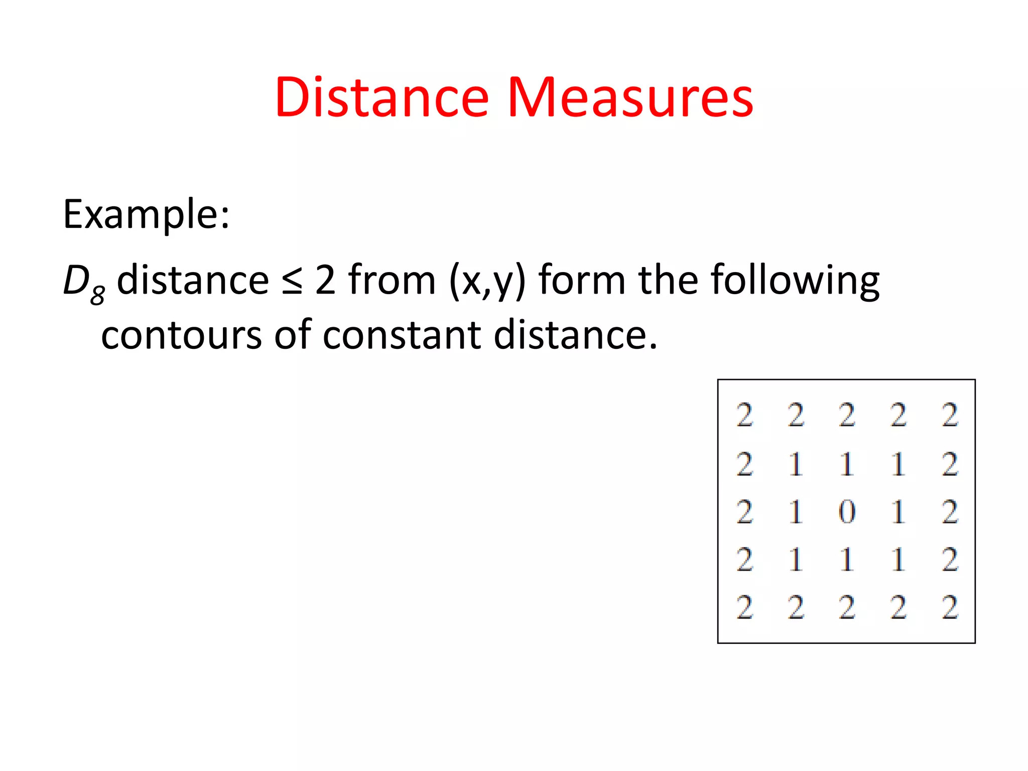 Distance Measures
Example:
D8 distance ≤ 2 from (x,y) form the following
contours of constant distance.
 