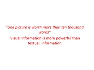 “One picture is worth more than ten thousand
words”
Visual Information is more powerful than
textual information
 