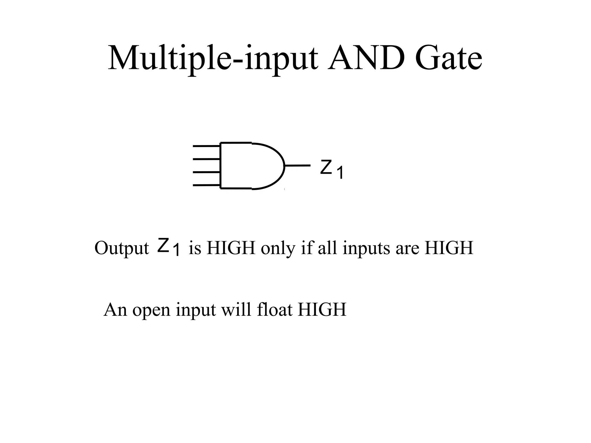 Multiple-input AND Gate
Z 1
Output is HIGH only if all inputs are HIGHZ1
An open input will float HIGH
 