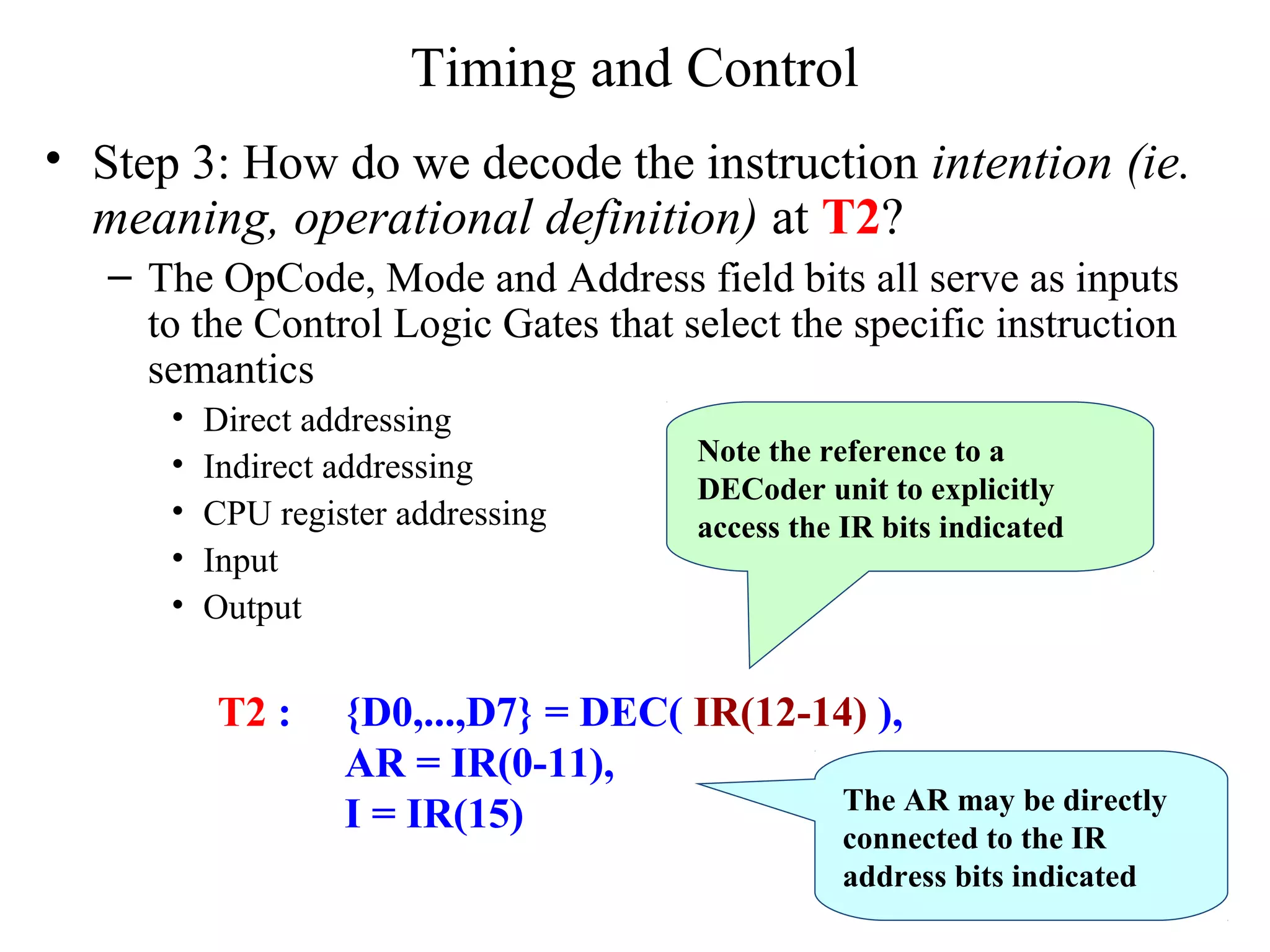 Timing and Control
• Step 3: How do we decode the instruction intention (ie.
meaning, operational definition) at T2?
– The OpCode, Mode and Address field bits all serve as inputs
to the Control Logic Gates that select the specific instruction
semantics
• Direct addressing
• Indirect addressing
• CPU register addressing
• Input
• Output
T2 : {D0,...,D7} = DEC( IR(12-14) ),
AR = IR(0-11),
I = IR(15)
Note the reference to a
DECoder unit to explicitly
access the IR bits indicated
The AR may be directly
connected to the IR
address bits indicated
 
