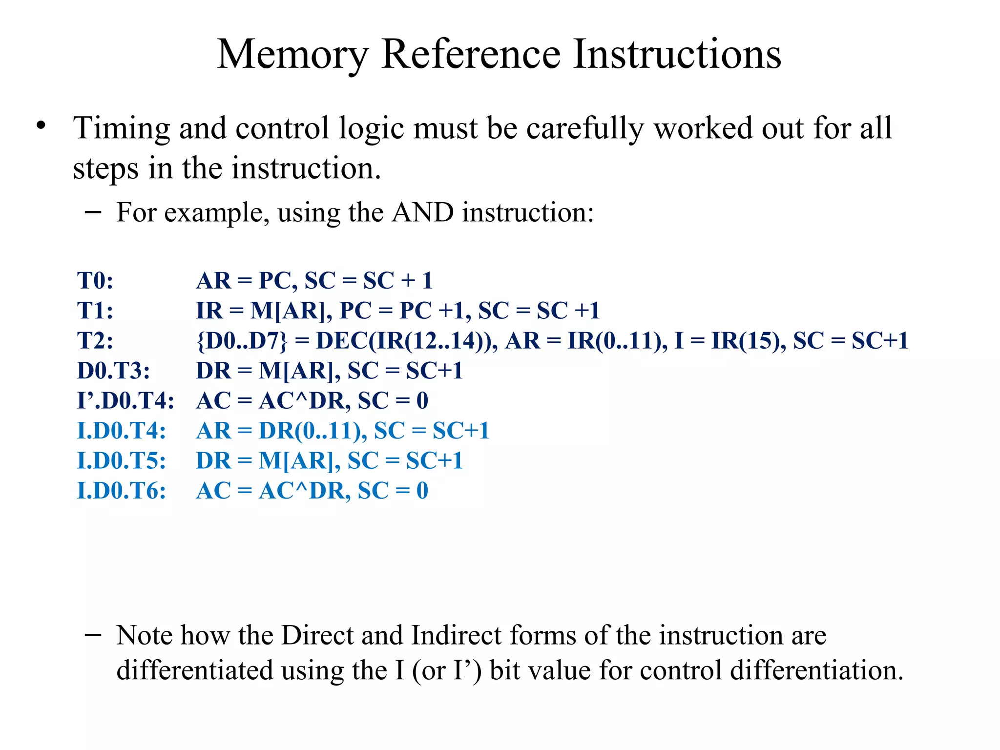 Memory Reference Instructions
• Timing and control logic must be carefully worked out for all
steps in the instruction.
– For example, using the AND instruction:
– Note how the Direct and Indirect forms of the instruction are
differentiated using the I (or I’) bit value for control differentiation.
T0: AR = PC, SC = SC + 1
T1: IR = M[AR], PC = PC +1, SC = SC +1
T2: {D0..D7} = DEC(IR(12..14)), AR = IR(0..11), I = IR(15), SC = SC+1
D0.T3: DR = M[AR], SC = SC+1
I’.D0.T4: AC = AC^DR, SC = 0
I.D0.T4: AR = DR(0..11), SC = SC+1
I.D0.T5: DR = M[AR], SC = SC+1
I.D0.T6: AC = AC^DR, SC = 0
 