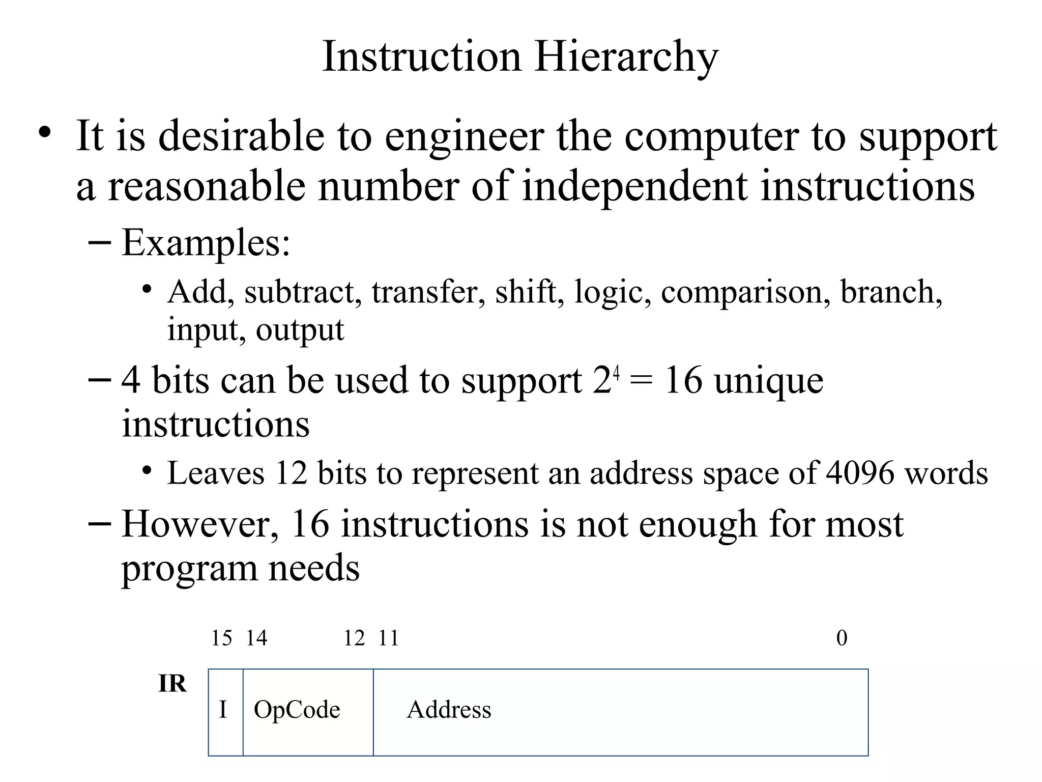 Instruction Hierarchy
• It is desirable to engineer the computer to support
a reasonable number of independent instructions
– Examples:
• Add, subtract, transfer, shift, logic, comparison, branch,
input, output
– 4 bits can be used to support 24
= 16 unique
instructions
• Leaves 12 bits to represent an address space of 4096 words
– However, 16 instructions is not enough for most
program needs
I OpCode Address
15 14 12 11 0
IR
 