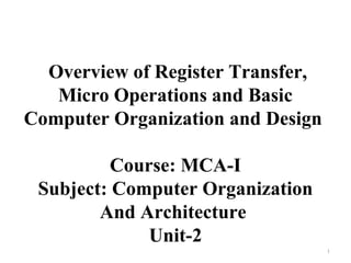 Overview of Register Transfer,
Micro Operations and Basic
Computer Organization and Design
Course: MCA-I
Subject: Computer Organization
And Architecture
Unit-2
1
 