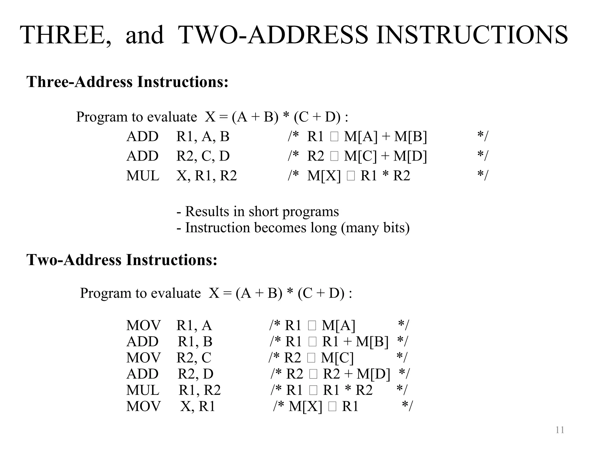 THREE, and TWO-ADDRESS INSTRUCTIONS
11
Three-Address Instructions:
Program to evaluate X = (A + B) * (C + D) :
ADD R1, A, B /* R1  M[A] + M[B] */
ADD R2, C, D /* R2  M[C] + M[D] */
MUL X, R1, R2 /* M[X]  R1 * R2 */
- Results in short programs
- Instruction becomes long (many bits)
Two-Address Instructions:
Program to evaluate X = (A + B) * (C + D) :
MOV R1, A /* R1  M[A] */
ADD R1, B /* R1  R1 + M[B] */
MOV R2, C /* R2  M[C] */
ADD R2, D /* R2  R2 + M[D] */
MUL R1, R2 /* R1  R1 * R2 */
MOV X, R1 /* M[X]  R1 */
 