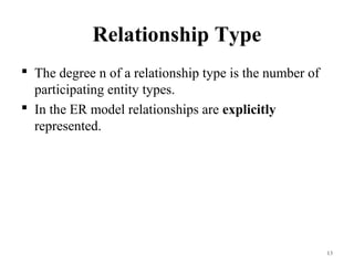 Relationship Type
 The degree n of a relationship type is the number of
participating entity types.
 In the ER model relationships are explicitly
represented.
13
 