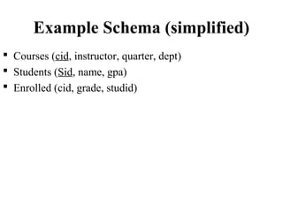 Example Schema (simplified)
 Courses (cid, instructor, quarter, dept)
 Students (Sid, name, gpa)
 Enrolled (cid, grade, studid)
 