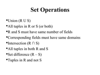 Set Operations
Union (R U S)
All tuples in R or S (or both)
R and S must have same number of fields
Corresponding fields must have same domains
Intersection (R ∩ S)
All tuples in both R and S
Set difference (R – S)
Tuples in R and not S
 
