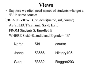 Views
• Suppose we often need names of students who got a
‘B’ in some course:
CREATE VIEW B_Students(name, sid, course)
AS SELECT S.sname, S.sid, E.cid
FROM Students S, Enrolled E
WHERE S.sid=E.studid and E.grade = ‘B’
Name Sid course
Jones 53666 History105
Guldu 53832 Reggae203
 