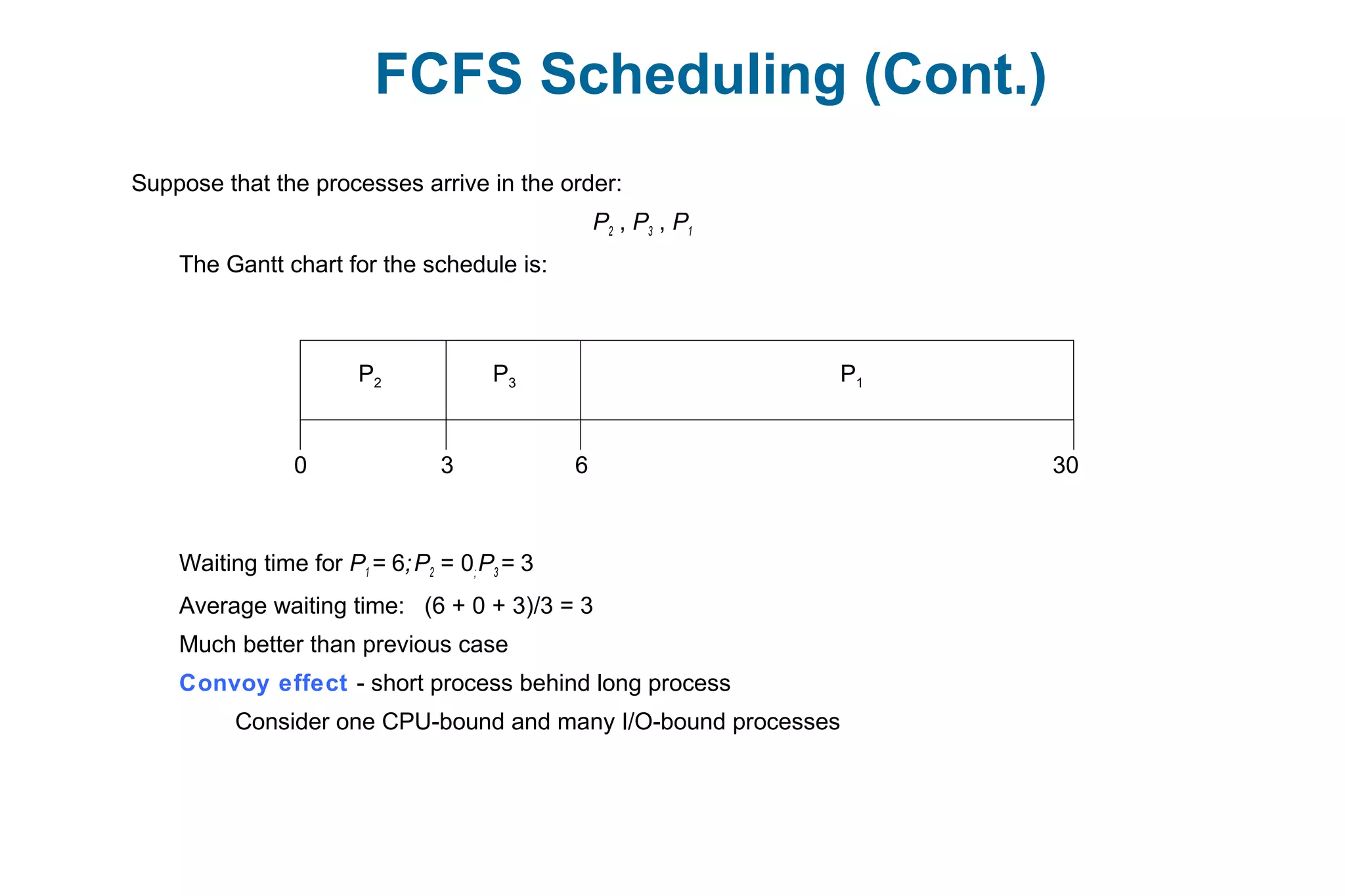 FCFS Scheduling (Cont.)
Suppose that the processes arrive in the order:
P2 , P3 , P1
The Gantt chart for the schedule is:
Waiting time for P1 = 6;P2 = 0;P3 = 3
Average waiting time: (6 + 0 + 3)/3 = 3
Much better than previous case
Convoy effect - short process behind long process
Consider one CPU-bound and many I/O-bound processes
P1P3P2
63 300
 