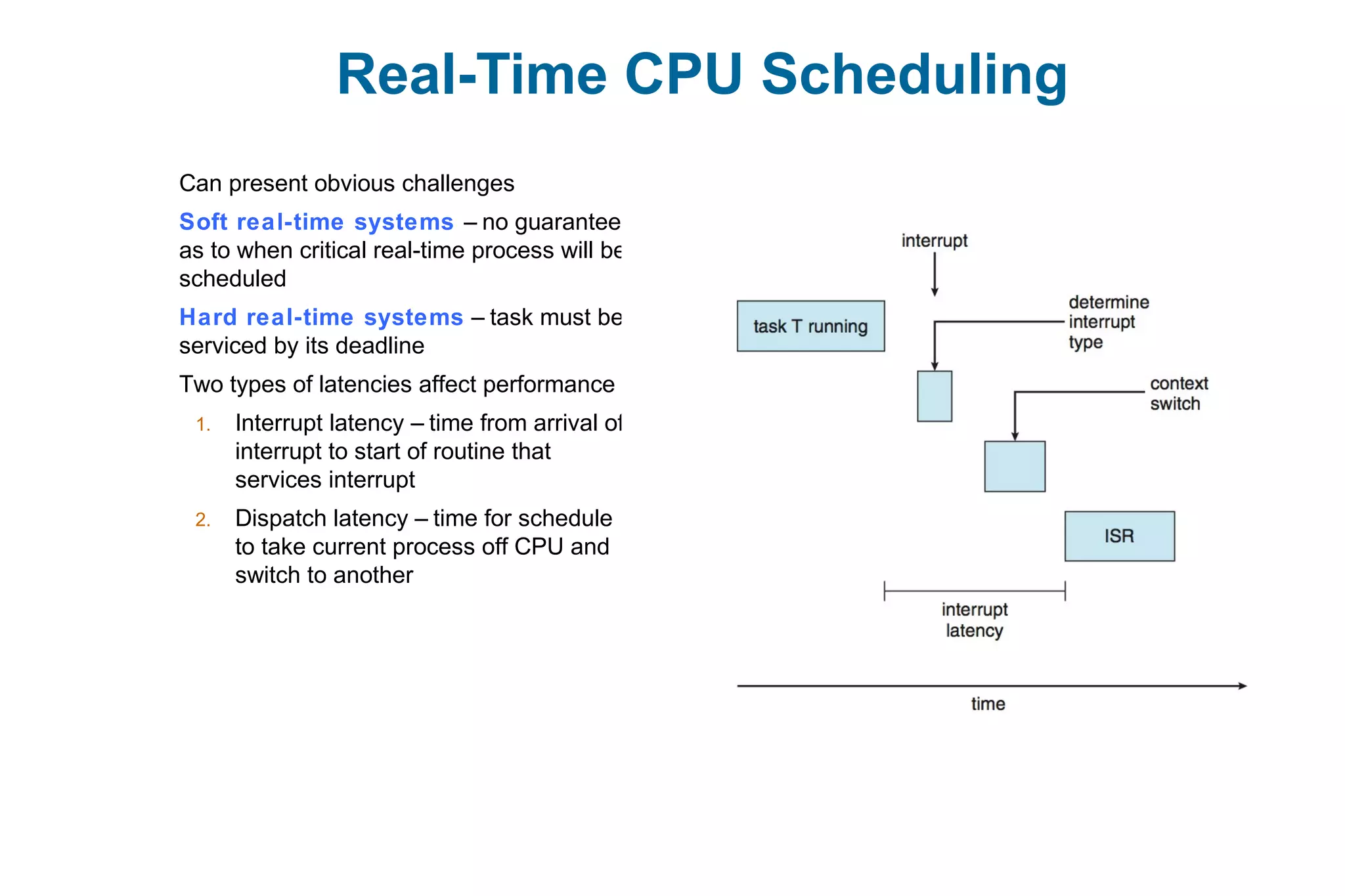 Real-Time CPU Scheduling
Can present obvious challenges
Soft real-time systems – no guarantee
as to when critical real-time process will be
scheduled
Hard real-time systems – task must be
serviced by its deadline
Two types of latencies affect performance
1. Interrupt latency – time from arrival of
interrupt to start of routine that
services interrupt
2. Dispatch latency – time for schedule
to take current process off CPU and
switch to another
 