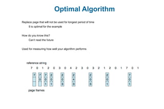 Optimal Algorithm
Replace page that will not be used for longest period of time
9 is optimal for the example
How do you know this?
Can’t read the future
Used for measuring how well your algorithm performs
 