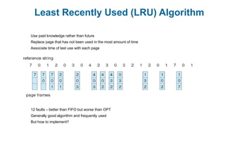 Least Recently Used (LRU) Algorithm
Use past knowledge rather than future
Replace page that has not been used in the most amount of time
Associate time of last use with each page
12 faults – better than FIFO but worse than OPT
Generally good algorithm and frequently used
But how to implement?
 