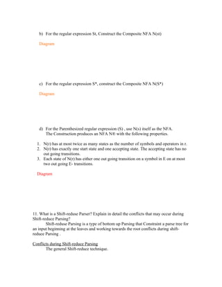 b) For the regular expression St, Construct the Composite NFA N(st)

   Diagram




   c) For the regular expression S*, construct the Composite NFA N(S*)

   Diagram




   d) For the Parenthesized regular expression (S) , use N(s) itself as the NFA.
      The Construction produces an NFA N® with the following properties.

  1. N(r) has at most twice as many states as the number of symbols and operators in r.
  2. N(r) has exactly one start state and one accepting state. The accepting state has no
     out going transitions.
  3. Each state of N(r) has either one out going transition on a symbol in E on at most
     two out going E- transitions.

  Diagram




11. What is a Shift-reduse Parser? Explain in detail the conflicts that may occur during
Shift-reduce Parsing?
        Shift-reduse Parsing is a type of bottom up Parsing that Constraint a parse tree for
an input beginning at the leaves and working towards the root conflicts during shift-
reduce Parsing .

Conflicts during Shift-reduce Parsing
       The general Shift-reduce technique.
 