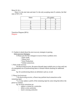 Dtran [E, b]=c
      Since A is the start state and state E is the only accepting state (E contains, the find
state of NFA 10)

                             States                          I/P symbol
                                                         a                b
                               A                         B                C
                               B                         B                D
                               C                         B                C
                               D                         B                E
                               *E                        B                C

Transition Diagram (DFA)
Diagram




13. Explain in detail about the error recovery strategies in parsing.
    Error-recovery Strategies:
        A Parser uses the full, strategies to recover from a synthetic error.
                * Panic mode
                * Phrase level
                * Error Productions
                * Global connections.
1. Panic mode recovery
        On discovering an error, the parser discards input symbols one at a time until one
of a designated set of synchronizing token is formed without checking for additional
errors.
        Eg: for synchronizing tokens are delimiters such as; or end

2. Phrase level recovery
        * On discovering an error, a Parser may perform local connection on the
remaining input.
        * ie, it may replace a prefix of the remaining input by some string that allows the
parser to continue.
        Eg: for local corrections are
            - replace a comma by a semicolon
            - delete a extra semicolon
            - insert a missing semicolon
 