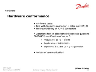 HHaarrddwwaarree 
2007-May-13 
Flemming Huusmann DD-KPDD Confidential / Property of Danfoss Drives A/S 
10 
Drives Division 
Hardware conformance 
• HHaarrddwwaarree tteessttss:: 
• TTeesstt wwiitthh SSiieemmeennss ccoonnnneeccttoorr ++ ccaabbllee oonn MMCCAA112211 
• TTeessttiinngg dduurraabbiilliittyy ooff RRJJ--4455 ccoonnnneeccttoorrss 
• VViibbrraattiioonnss tteesstt iinn aaccccoorrddaannccee ttoo DDaannffoossss gguuiiddeelliinnee 
550000BB00443322 mmooddiiffiiccaattiioonn ooff ccuurrvvee EE:: 
• FFrreeqquueennccyy :: 1188 HHzz –– 11 KK HHzz 
• AAcccceelleerraattiioonn :: 33 GG RRMMSS ((!!!!)) 
• EExxppoossuurree :: 33 xx 22 hhrrss (( xx –– yy –– zz ))ddiirreeccttiioonn 
• NNoo lloossss ooff ccoommmmuunniiccaattiioonn!! 
 
