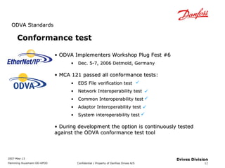 OODDVVAA SSttaannddaarrddss 
2007-May-13 
Flemming Huusmann DD-KPDD Confidential / Property of Danfoss Drives A/S 
12 
Drives Division 
Conformance test 
• OODDVVAA IImmpplleemmeenntteerrss WWoorrkksshhoopp PPlluugg FFeesstt ##66 
• DDeecc.. 55--77,, 22000066 DDeettmmoolldd,, GGeerrmmaannyy 
• MMCCAA 112211 ppaasssseedd aallll ccoonnffoorrmmaannccee tteessttss:: 
• EEDDSS FFiillee vveerriiffiiccaattiioonn tteesstt 
• NNeettwwoorrkk IInntteerrooppeerraabbiilliittyy tteesstt 
• CCoommmmoonn IInntteerrooppeerraabbiilliittyy tteesstt 
• AAddaappttoorr IInntteerrooppeerraabbiilliittyy tteesstt 
• SSyysstteemm iinntteerrooppeerraabbiilliittyy tteesstt 
• DDuurriinngg ddeevveellooppmmeenntt tthhee ooppttiioonn iiss ccoonnttiinnuuoouussllyy tteesstteedd 
aaggaaiinnsstt tthhee OODDVVAA ccoonnffoorrmmaannccee tteesstt ttooooll 
 