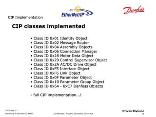 CCIIPP IImmpplleemmeennttaattiioonn 
2007-May-13 
Flemming Huusmann DD-KPDD Confidential / Property of Danfoss Drives A/S 
13 
Drives Division 
CIP classes implemented 
• CCllaassss IIDD 00xx0011 IIddeennttiittyy OObbjjeecctt 
• CCllaassss IIDD 00xx0022 MMeessssaaggee RRoouutteerr 
• CCllaassss IIDD 00xx0044 AAsssseemmbbllyy OObbjjeeccttss 
• CCllaassss IIDD 00xx0066 CCoonnnneeccttiioonn MMaannaaggeerr 
• CCllaassss IIDD 00xx2288 MMoottoorr DDaattaa OObbjjeecctt 
• CCllaassss IIDD 00xx2299 CCoonnttrrooll SSuuppeerrvviissoorr OObbjjeecctt 
• CCllaassss IIDD 00xx22AA AACC//DDCC DDrriivvee OObbjjeecctt 
• CCllaassss IIDD 00xxFF55 IInntteerrffaaccee OObbjjeecctt 
• CCllaassss IIDD 00xxFF66 LLiinnkk OObbjjeecctt 
• CCllaassss IIDD 00xx00FF PPaarraammeetteerr OObbjjeecctt 
• CCllaassss IIDD 00xx1100 PPaarraammeetteerr GGrroouupp OObbjjeecctt 
• CCllaassss IIDD 00xx6644 -- 00xxCC77 DDaannffoossss OObbjjeeccttss 
-- ffuullll CCIIPP iimmpplleemmeennttaattiioonn......!! 
 