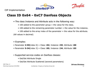 CCIIPP IImmpplleemmeennttaattiioonn 
2007-May-13 
Flemming Huusmann DD-KPDD Confidential / Property of Danfoss Drives A/S 
22 
Drives Division 
Class ID 0x64 -- 00xxCC77 DDaannffoossss OObbjjeeccttss 
• TThhee ccllaassss IInnssttaannccee aanndd AAttttrriibbuuttee aaccttss iinn tthhee ffoolllloowwiinngg wwaayy:: 
• 110000 aaddddeedd ttoo tthhee ppaarraammeetteerr ggrroouupp == tthhee vvaalluuee ffoorr tthhee ccllaassss.. 
• 110000 aaddddeedd ttoo tthhee rreemmaaiinniinngg ppaarraammeetteerr nnuummbbeerr == tthhee vvaalluuee ffoorr tthhee iinnssttaannccee.. 
• 110000 aaddddeedd ttoo tthhee aarrrraayy iinnddeexx ooff tthhee ppaarraammeetteerr == tthhee vvaalluuee ffoorr tthhee aattttrriibbuuttee.. 
((AAllll vvaalluueess iinn ddeecciimmaall)) 
• EExxaammpplleess:: 
• PPaarraammeetteerr 22--5599[[iinnddeexx 00]] == CCllaassss 110022;; IInnssttaannccee 115599;; AAttttrriibbuuttee 110000 
• PPaarraammeetteerr 55--344[[iinnddeexx 33]] == CCllaassss 110055;; IInnssttaannccee 11344;; AAttttrriibbuuttee 11003 
• SSuuppppoorrtteedd sseerrvviiccee--ccooddeess oonn DDaannffoossss ccllaasssseess:: 
• GGeett//SSeett AAttttrriibbuuttee SSiinnggllee 
• GGeett//SSeett AAttttrriibbuuttee SSccaatttteerreedd ((sseevveerraall ppaarraammeetteerrss)) 
 